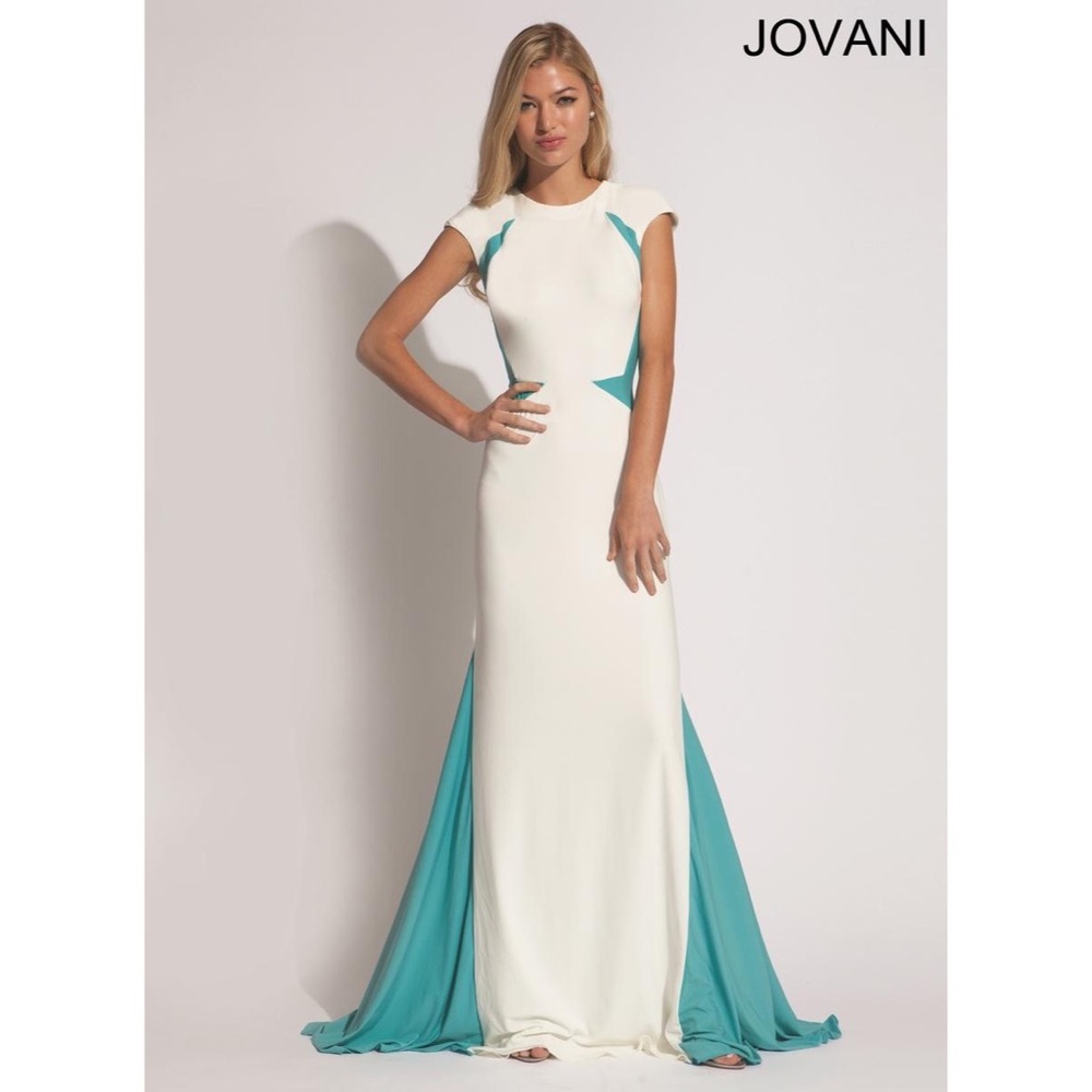 Jovani Ivory and Teal Fitted Maxi Gown